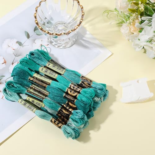 24 Skeins 6 Strands Green Embroidery Floss Threads Variegated Gradient Cross Stitch Thread Friendship Bracelets String Bulk with 12 Floss Bobbins for Hand Sewing Knitting Craft Stitching Diy - color: Green