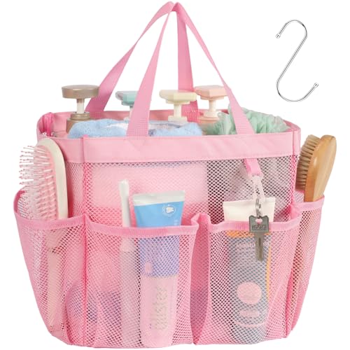 Mesh Shower Caddy Portable - 8 Pockets, S-Hook, Shower Bag for Dorm Camping - color: Pink, size: L (Classic Dorm Caddy)