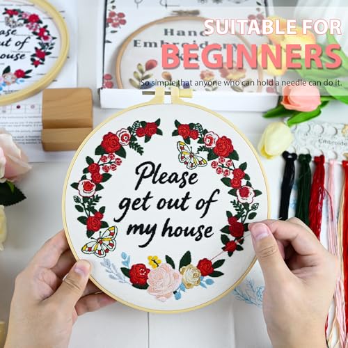 ElasignShopo Embroidery Kit for Beginners Adults – Funny Please Get Out of My House Cross Stitch Kit, Floral Butterfly Pattern Embroidery Starter Set with Hoop, Needles, Threads & Instructions - color: Funny Flower