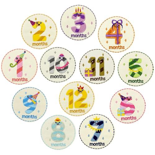 12PCS Monthly Milestone Iron On Patches, Round Number Embroidery Appliques - color: Month