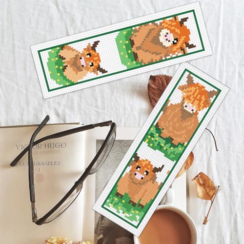 BEUNITONE 6 Pcs Highland Cow Cross Stitch Bookmark Kit for Beginner Stamped Embroidery Kit 8''2.4'' - style: Highland Cattle