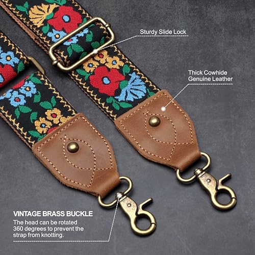 Nefelibata Banjo Strap,2"Wide Double Crazy Horse Leather Jacquard Embroidery Strap Adjustable Replacement,Multi-pattern Strap With Metal Clips - color: A#-flower Embroidery