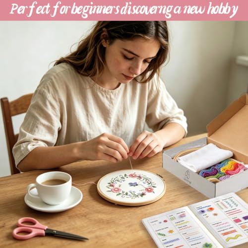 Bonroy Beginner Embroidery Stitch Book with Fabric Pages, Essential Stitches in Structured Learning Order for Adults, DIY Sewing Kit with Floral Motifs, Practice Patterns - color: Basic & Intermediate Kit