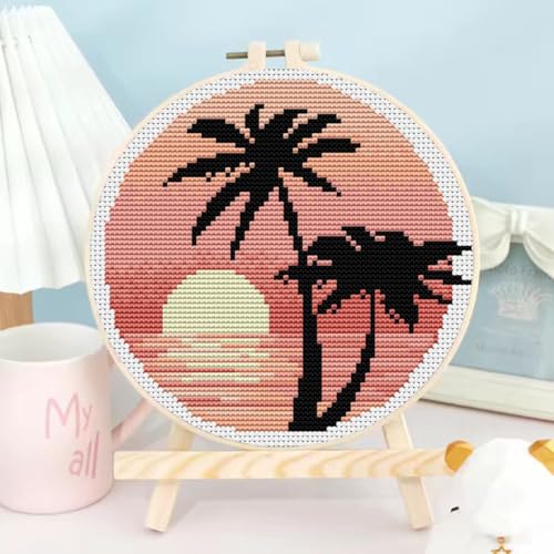 TCDZMYGS Stamped Cross Stitch Kits for Beginners-Sunset Scenery,with Hoop - color: Seascape-2603