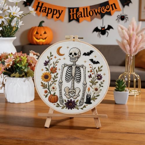 Halloween Embroidery Kit, Skeleton Cross Stitch Kits, 4 Set Craft Kits for Beginners with Pre-Printed Embroidery Fabric, Hoops, Step-by-Step Instructions, Color Threads & Needles (Halloween-4 Set) - color: Halloween-4 Set