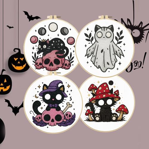 FREEBLOSS 4 Sets 11.6" Embroidery Kit for Beginners Needlepoint Embroidery Starter Kit with Halloween Stamped Patterns, Instructions, Colored Threads, 2 Hoops - style: Halloween