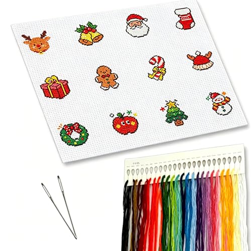 Zhenqing 12 Mini Christmas Stamped Cross Stitch Kit for Beginners, 11CT Printed Fabric with Santa Reindeer Snowman Tree Gift Bell Designs, DIY Holiday Craft Set with Pre-Cut Floss, Needles and Guide