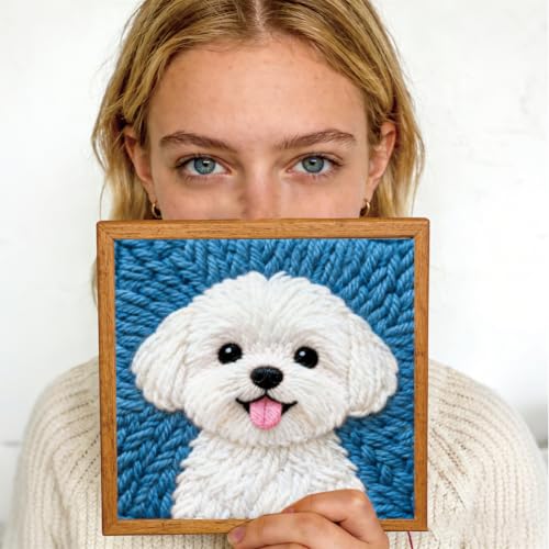 BEUNITONE Punch Needle Kit with Frame for Adults Beginners, Cute Bichon Frise Needlepoint Crafts Kit for Adults, Complete Embroidery Starter Kits with Pre-Print Pattern for Gift Home Decor 9.4"x9.4" - color: 11-Bichon Frise