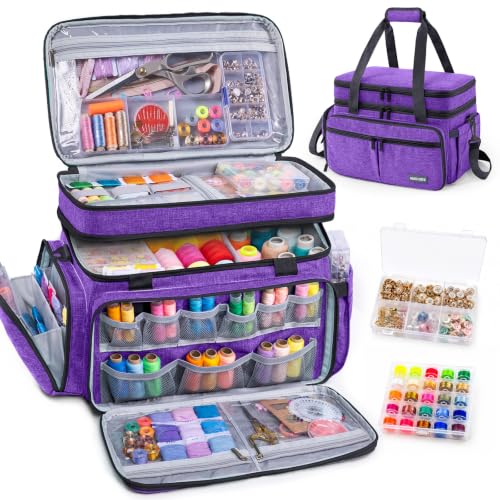 AMOIGEE Double Layer Sewing Organizer Bag with 2 Clear Storage Sewing Boxes - color: Purple