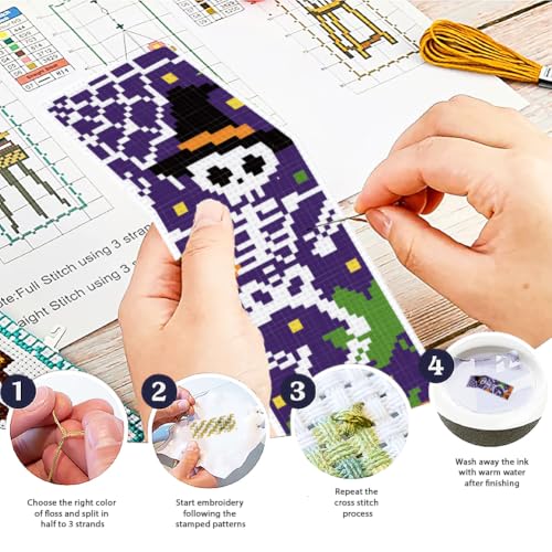 ACRNIGHEET 6PCS Cross Stitch Bookmark Kit (Halloween Skeleton Pattern) - style: Halloween Skeleton with Tassel