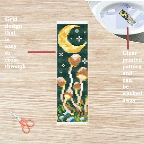 FREEBLOSS 6 Set Cross Stitch Bookmark Kit Stamped Cross Stitch Kit Mushroom Bush Embroidery Set with Instruction for Adults 8''*2.4'' - style: Mashroon Moon