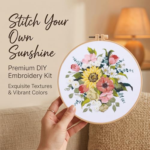 Harimau Adult Beginner Embroidery Starter Kit, Complete Set with 4 Patterns, 2 Hoops, Needles, Scissors, Instruction Guide & Stitching Video Tutorials - color: Floral Pattern
