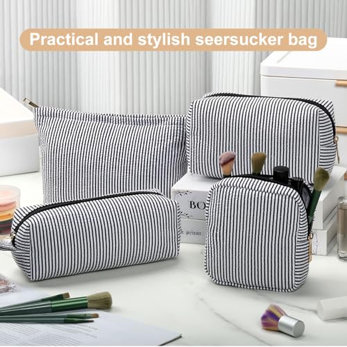 Sanwuta 4 Pcs Seersucker Pouch Striped Makeup Bag Set, Black - color: Black