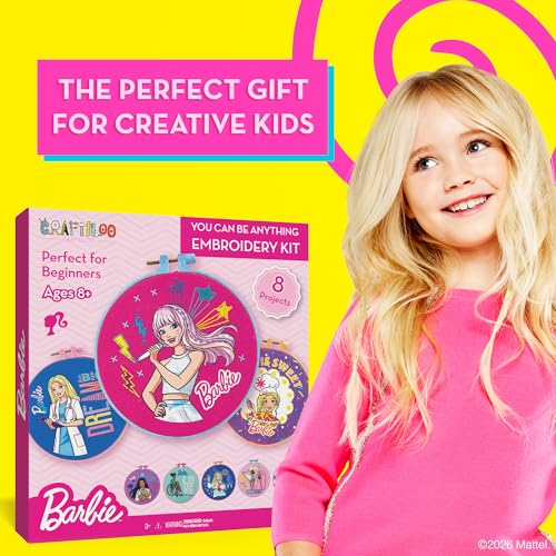 Barbie® Embroidery Kit for Kids Ages 8-12 - 8 Beginner Designs, 2 Hoops - color: Barbie Embroidery Kit