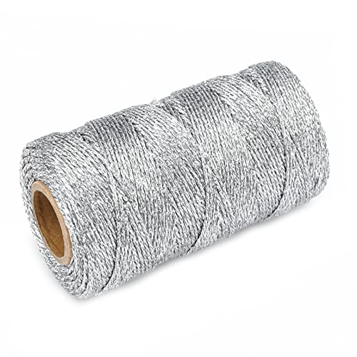 jijAcraft 328 Feet Silver String Twine - 1.5mm Metallic Ornament Thread Gift Wrapping - Inelastic Macrame Glitter Gold Cord for Gift Wrapping, DIY Crafts, Bracelets - color: Silver, size: 328 Feet