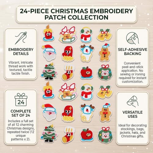 24PCS Christmas Embroidered Patches, Self Adhesive Holiday Appliques - color: Christmas Themed