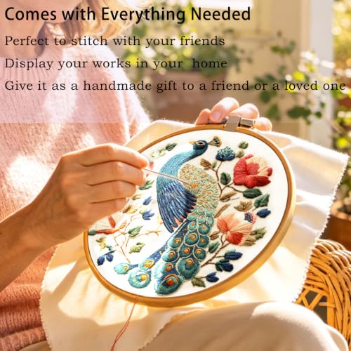 FONNUY Flower Peacock Embroidery Kit for Beginners, Cross Stitch Kits for Adults, Handmade Crafts with Printed Pattern Set, Color Thread Needlework, 8'' Hoop (Regal Peacock) - color: Regal Peacock