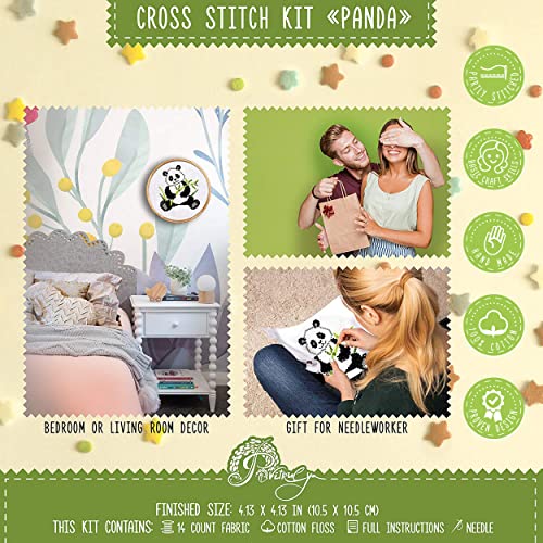 Povitrulya Counted Cross Stitch Kit with Pattern 'Panda' - Easy DIY Set for Hand Embroydery with Paper Pattern, 14 Count Blank Aida Canvas and Pre-Sorted Floss