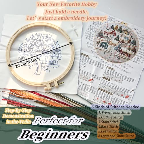 FONNUY Crewel Christmas Embroidery Kit for Beginners, Cross Stitch Set Winter Snow Scene Pine Owl Pattern for Adults, Easy to Follow Color Thread Needlework, 8'' Hoop (Tree and House 1) - style: Tree and House 1