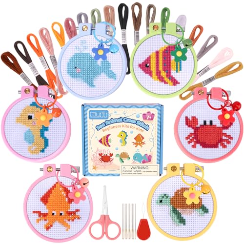 Caydo 6 Pieces Sea Animal Cross Stitch Kit for Kids with Stamped Aida Cloth - color: Sea Animal
