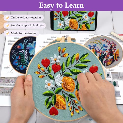 Uniartfy 3 Pack Embroidery Starter Kit for Beginners, Stamped Cross Stitch Kits for Adults with Flowers Plants and Fruits Patterns with 1 Embroidery Hoop and Color Threads, Handmade Needlepoint Kits - color: Embroidery Kit-J