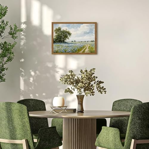 Framed Vintage Canvas Wall Art, Country Landscape Wildflower Field Wall Decor Paintings, Rustic Nature Pictures Prints Home Decor for Living Room Bedroom Bathroom Farmhouse 16x24 inch - color: Blue Wildflower, size: 24"L x 16"W