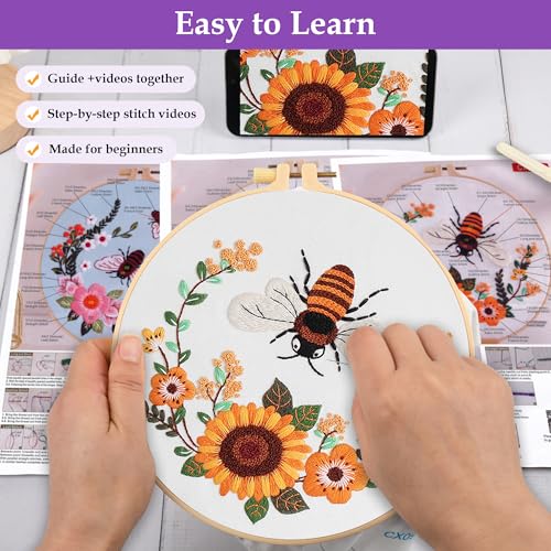 Uniartfy 3 Pack Bee Flower Embroidery Kits for Beginners, Cross Stitch Kit for Adults, DIY Needlepoint with Embroidery Hoop, Tools, Easy to Learn Video & Instructions, Hand Embroidery Starter Kit - color: Embroidery Kit-I