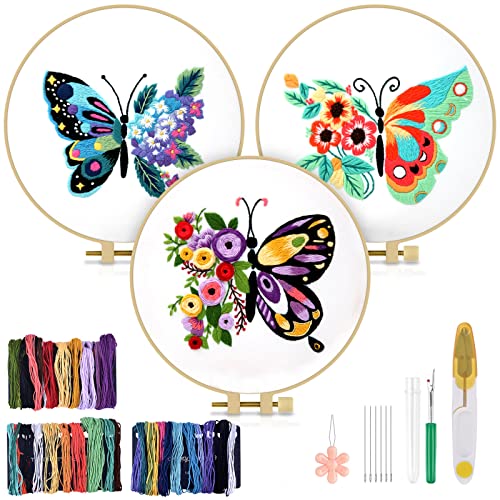 TINDTOP 3 Sets Embroidery Stitch Practice kit, Butterfly Flower Embroidery Kit for Beginners Include Cloth Hoops Threads for Craft Lover Hand Stitch with Embroidery Skill Techniques - color: Butterfly (with 1 Hoop)