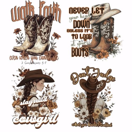 SUPERDANT 4PCS Cowgirl Iron on Transfer Paper Motivational Text Heat Transfer Sticker Washable Iron on Decals for Woman T Shirts DTF Transfers Ready to Press for Clothing Hoodie Jackets DIY Gift - style: Cowgirl