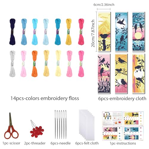 FREEBLOSS 6 Set Cross Stitch Bookmark Kit 11 CT Complete Cross Stitch Kit DIY Embroidery Bookmark Kits for Adult Beginners with Instructions, Bird and Flower Pattern, 6 x 20 cm/8" x 2.4" - style: Birds Branches