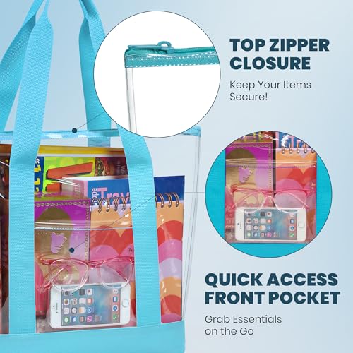 Handy Laundry Clear Tote Bag - Zipper Closure, Long Shoulder Strap, Fabric Trimming. - color: Teal