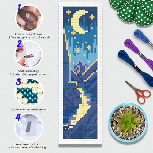 BEUNITONE 6 Pcs Cross Stitch Bookmark Kits for Adult Beginners Starry Sky Pattern DIY Stamped Embroidery Bookmark Kit with Instructions Cross Stitch Kits for Book Lovers Reader Writers Gift 2.4"x8" - style: Starlit Sky