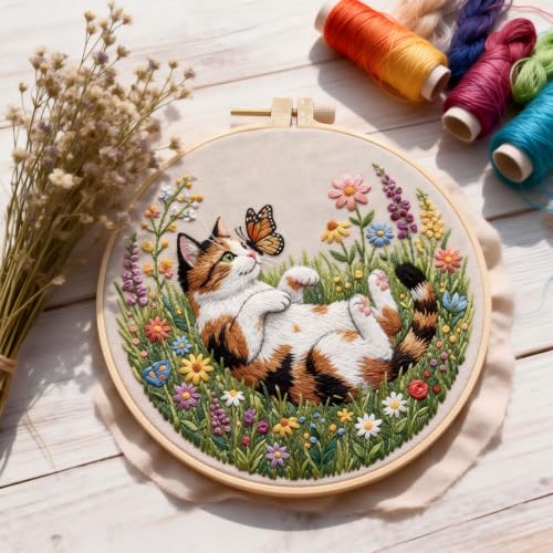 MULTIONS 3 Pack Embroidery Kit for Beginners,Cross Stich for Adults,Embroidery Starter Kits with Pattern,Hoop,Neeldes,Scissor(Cat and Butterfly) - color: cat