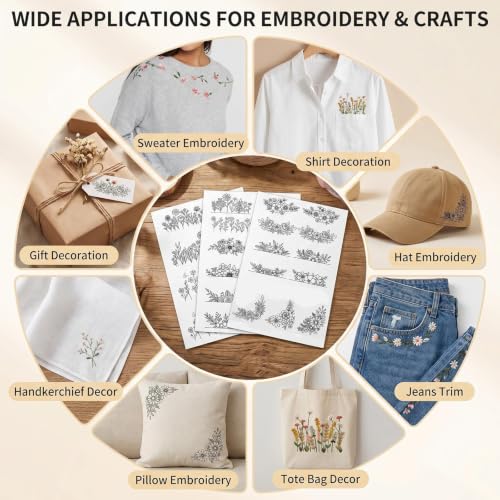 3 Sheets Floral Water Soluble Embroidery Patterns Stabilizers