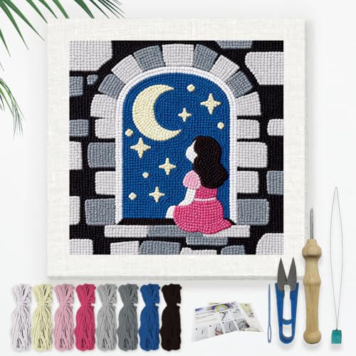 DOODLREAM Night Princess Punch Needle Kit for Beginner 9.4" x 9.4" - color: Moon Stars Night