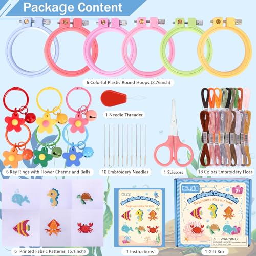 Caydo 6 Pieces Sea Animal Cross Stitch Kit for Kids with Stamped Aida Cloth - color: Sea Animal