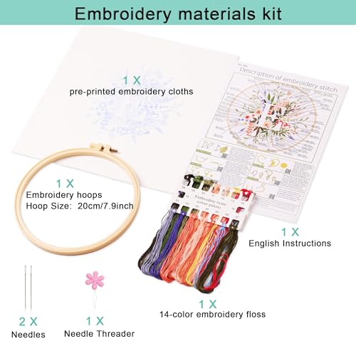 Harimau Letter E Pattern Embroidery Kit for Adult Beginners, Complete Starter Pack with 1 Hoop, Needles, Instruction Guide & Embroidery Stitch Video Tutorials - color: White E