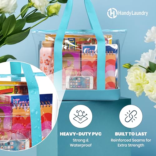 Handy Laundry Clear Tote Bag - Zipper Closure, Long Shoulder Strap, Fabric Trimming. - color: Teal