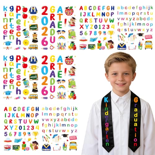 Rngmsi Dtf Transfers Ready to Press - 6 Pcs Kindergarten Graduation Iron on Patches for Sash, Preschool Iron on Stickers, Letter Heat Transfer Vinyl Decals for DIY Cap Gown - style: Kindergarten Graduation