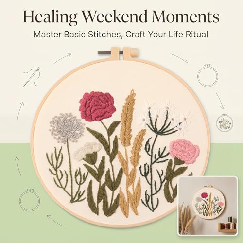 Harimau Adult Beginner Embroidery Starter Kit, Complete Set with 4 Patterns, 2 Hoops, Needles, Scissors, Instruction Guide & Stitching Video Tutorials - color: Floral3 pattern