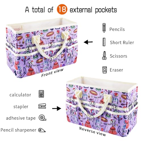 Craft Organizer Tote Bag with Multiple Pockets,Scrapbooking Art Storage - color: Purple Circus