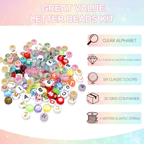 Looconi 1500 Pieces 6 Colors Letter Alphabet Beads and Number Heart Beads Round Flat and Crystal Line for Jewelry Making - color: 5 Colors, size: 7x4mm