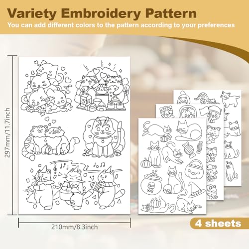 48Pcs Cat Playing Halloween Embroidery Pattern Stabilizer, 8.3"x11.7" Cute Kitten Water Soluble Stick and Stitch Embroidery Sticker, 4 Sheets Kitty Hand Sewing DIY Embroidery Paper - style: Cat Playing