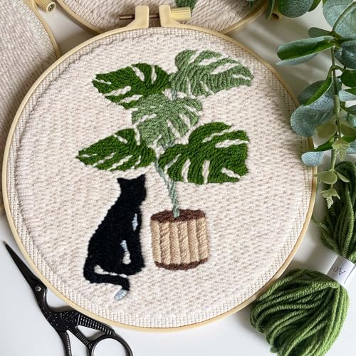 Myfelicity Punch Needle Kit for Adults, Beginners, Cat and Greenery Patterns, Includes Punching Needle Supplies - color: Cat