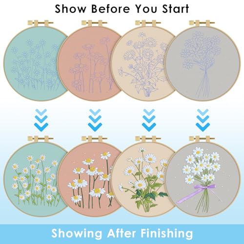 ERKOON 4 Set Embroidery Kit for Beginners, Cross Stitch Set Include Embroidery Cloth Hoops Threads for Craft Lover Hand Stitch with Embroidery Skill Techniques (Daisy) - color: Daisy