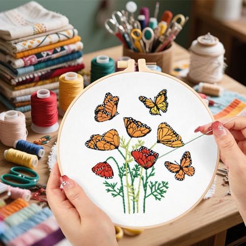 Flowers Embroidery Kits for Beginners Adults, Butterfly Hand Embroidery Starter Kits, Bee Cross Stitch Kits for Beginner Needlepoint DIY Kits for Adult, 2 Set Embroidery Hoops, Thread & Video Tutorial - color: Butterflies Flowers