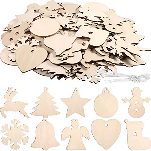 Tatuo 120 Pcs Blank Wood Christmas Ornaments 10 Shapes for DIY,Multi Shape