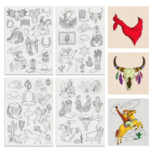 BENECREAT 4Sheets 53Pcs Cowboy Water Soluble Embroidery, 11.7x8.3inch Cowboy Boy Desert Scene Stick and Stitch Embroidery Paper Stabilizer for Shirts, Coats, Bags - style: Cowboy