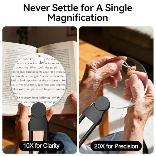 2 in 1 Hands Free Magnifying Glass, Desktop Cell Phone Stand, 10X 20X Magnifying Glass for Reading, Flexible Lazy Bracket DIY Free Rotating on Table, for Sewing, Cross-Stitching
