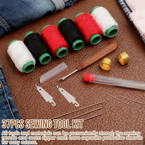 37Pcs Big Eye Steel Sewing Needles Kit, Include 25 Steel Needles, 1 Seam Sewing Thread Ripper, 2 Needle Threaders, 6 Threads, 2 Thimbles, 1 Storage Tube for Mending, Gift for Sewing Lovers - style: Modern